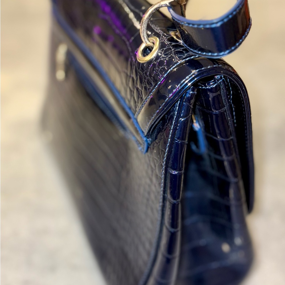 Blue Croc Embossed Satchel with Gold-Tone Hardware - Picture 2 of 16